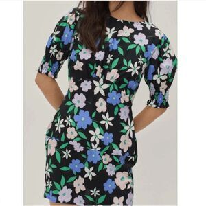 Nasty Gal Black Floral Print Dress Empire Waist Pintuck Blue White Size 2